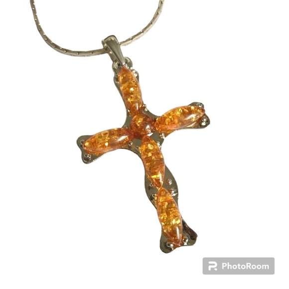 Vintage Honey Amber Cross Pendant Necklace Silver Plated Simulated Acrylic 24" - Picture 2 of 11